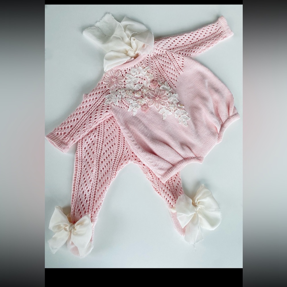 Charming Pink Knit Baby Set with Lace